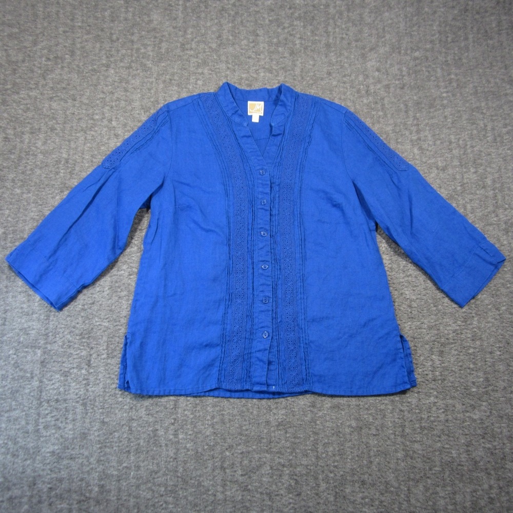 JM Collection Linen Tunic Shirt 12P Royal Blue Button Up V-Neck‎ Luxury Coastal - Picture 2 of 10